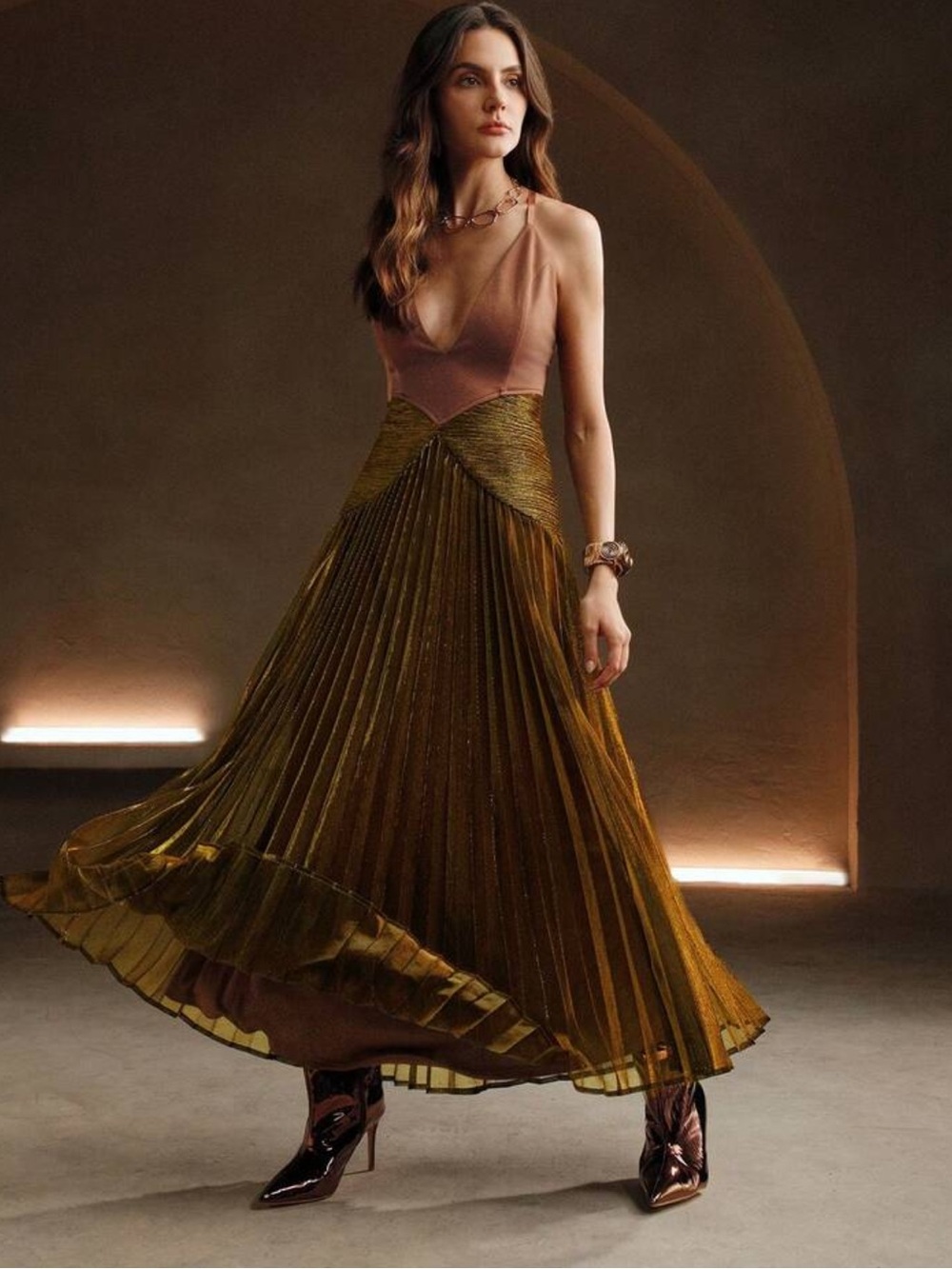 Pleated Metallic Ribbed Rust Gold Zip Maxi Skirt